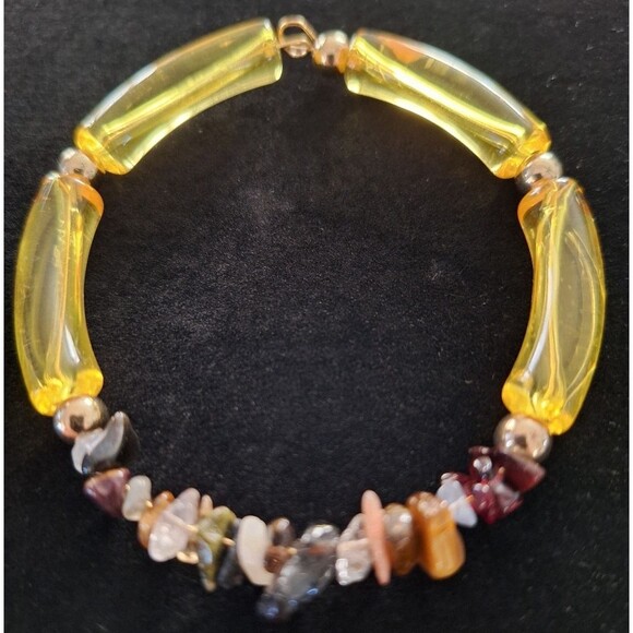 Yellow Bangle Cuff Bracelet Handmade with Stone, Metal, and Plastic - Picture 2 of 6